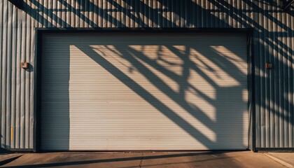 Industrial Garage Door with Shadow Pattern of Wooden Railing in Warm Sunset Light