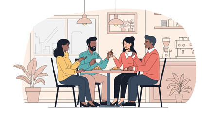 Diverse group of friends enjoying coffee and croissants in a cozy cafe setting illustration