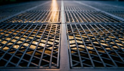 Metal Grid Floor Surface in Warm Lighting with Geometric Pattern
