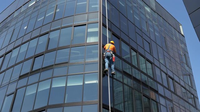 Window cleaner rappelling down the side of a modern glass skyscraper, performing maintenance work.