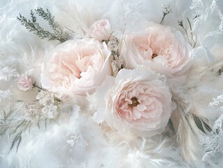 Elegant pastel roses and feathers on a delicate white background