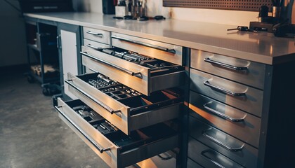 Industrial Metal Tool Storage Drawers in Workshop or Garage Setting