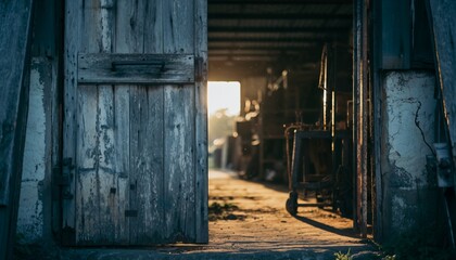 Rustic Wooden Barn Door Opening in Warm Sunset Light with Vintage Atmosphere