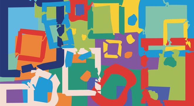 Dynamic abstract composition of geometric shapes with vibrant and contrasting color