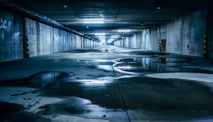 Underground Parking Garage with Fluorescent Lighting and Puddles in Modern Industrial Style