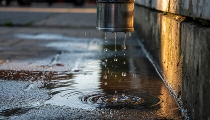 Water Dripping From Metal Pipe Onto Wet Pavement During Sunset