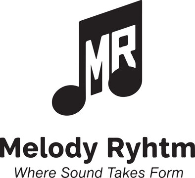  Melody Ryhtm Music Logo featuring a black musical note icon with 'MR' monogram, representing sound, rhythm, and audio production with the slogan 'Where Sound Takes Form