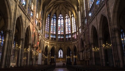 Grand Gothic Cathedral Interior with Stained Glass Windows and Ornate Architecture