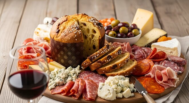 A charcuterie board with bread, cheese, meat, olives, and a glass of red wine on a wooden table top