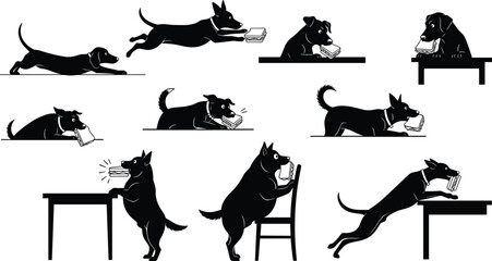 Dog reading book silhouette, funny pet poses, animal study concept, canine education humor, black vector art, learning theme illustration