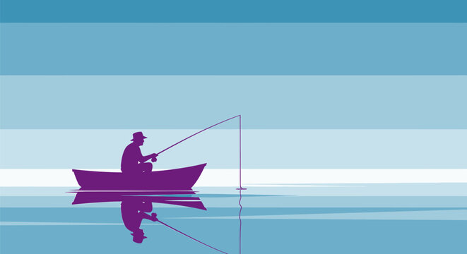 A serene illustration of a man fishing in a boat, casting a line into calm waters, evoking