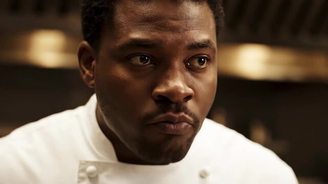 Serious chef looking forward inside a restaurant kitchen