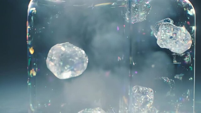 Clear cube filled with frosted, sparkling objects; dark background and light reflections