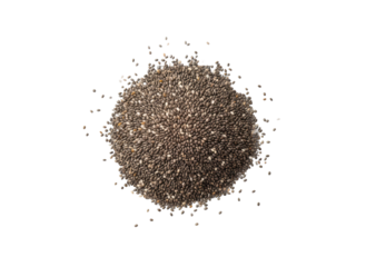 Top view of healthy chia seeds in round pile on transparent background