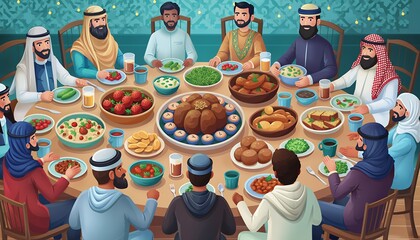 Diverse Group of Men Wearing Traditional Middle Eastern Attire Sitting at Large Feast Table