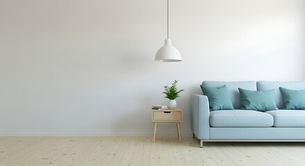 Bright minimalist living room interior with a light blue sofa and wooden floor