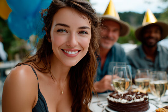 Woman smiling celebrating birthday outdoors with friends