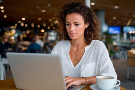 Woman working on laptop achieving remote productivity in cafe
