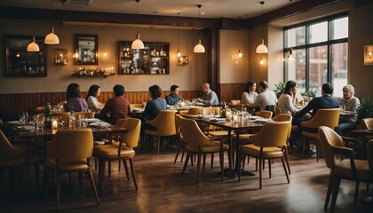 Modern Cozy Restaurant Interior with Warm Lighting and Yellow Chairs