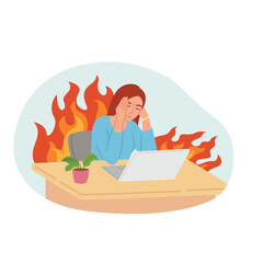 Woman Feeling Stressed and Overwhelmed Sitting at a Desk With Flames Behind Her and a Laptop On The Table With A Plant