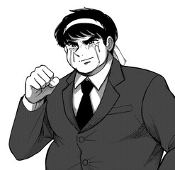 ハチマキを巻いて応援するガッツポーズ熱血太っちょの会社員イラスト