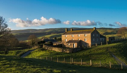 Scenic Rural Stone House in Green Countryside Under Blue Sky