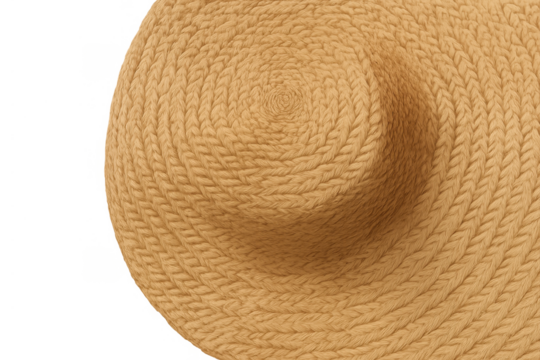 Straw hat texture close-up, beige woven material with spiral pattern, summer fashion accessory background