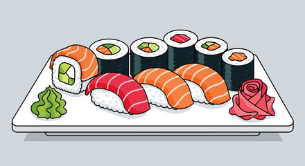 Delicious and Colorful Sushi Assortment on a White Plate with Traditional Garnishes Cartoon Style © Anisah