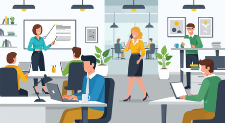 Modern Business Office Space with Employees Working Collaboratively and Presenting Ideas