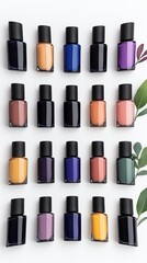 A variety of nail polish bottles in different colors are neatly arranged on a white surface, with a few green leaves adding a natural touch.