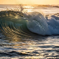 A vibrant ocean wave crashing during sunset with golden light reflecting on the water surface and a clear sky in the background