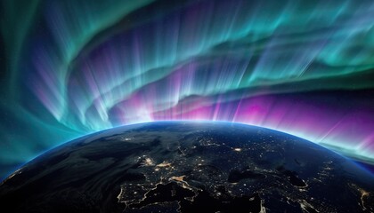 Earth From Space Showing Vibrant Aurora Borealis Over Night Sky
