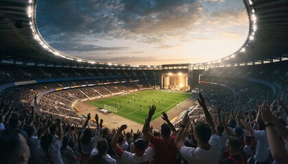 Large Crowded Stadium Filled with Enthusiastic Fans Watching Soccer Match at Sunset