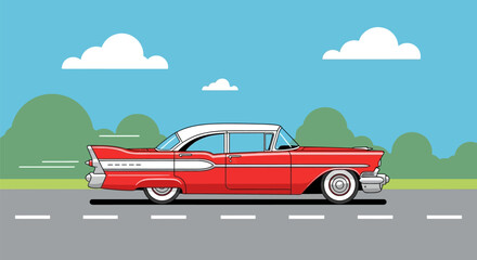 Vintage red car illustration driving on a picturesque road with clouds and green hills in the