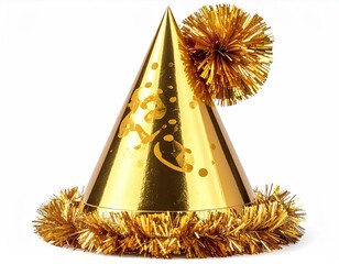 Gold party hat with pom and garland on white background