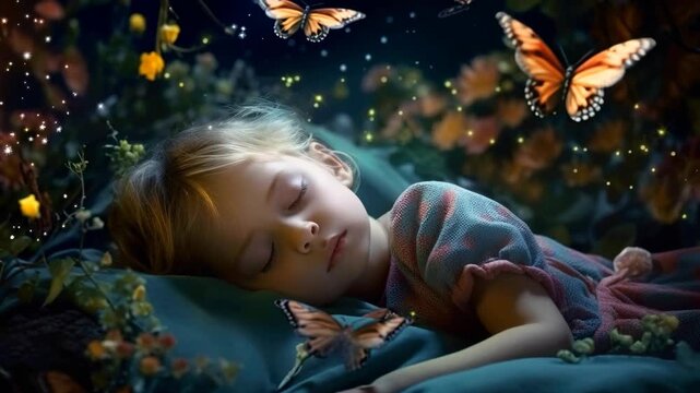 Sweet dreams of young girl, child sleeping in fantasy forest, kid and butterflies at magic night