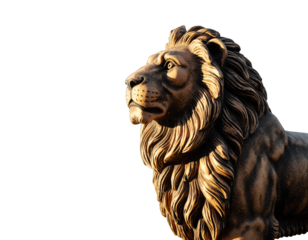 Stone Lion Statue With Golden Sunlight Illumination Side View Detailed Sculpture Majestic Animal Art Isolated on Black Background