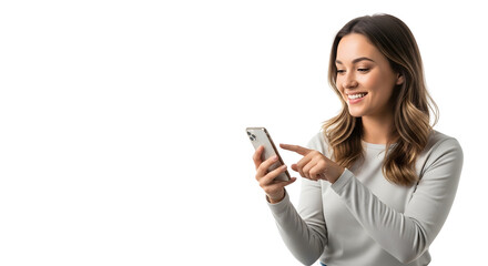 Woman enjoys using smartphone, engaging with mobile app or social media
