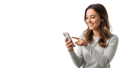 Woman enjoys using smartphone, engaging with mobile app or social media