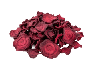 Heap of dehydrated beetroot chips vegetable crisps snacks on transparent backdrop
