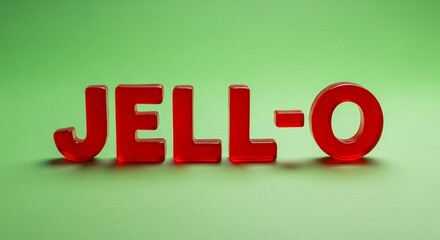 The word "JELL-O" spelled out in glossy, red gelatin letters, standing on a smooth, green surface.