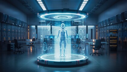 Futuristic Human Avatar Hologram in High-tech Laboratory with Digital Interfaces