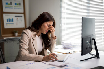 Businesswoman having headache from work stress and burnout