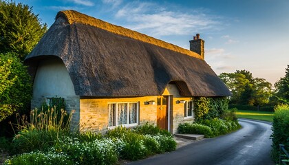 Charming Traditional Cottage with Thatched Roof Surrounded by Lush Garden in Sunset Light