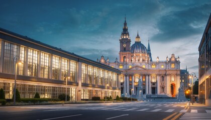 Historic Cathedral with Modern Office Building at Dusk in European City