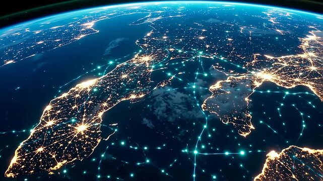 earth from space at night showcasing global connectivity and network infrastructure, data streams illuminate urban sprawl and technological progress - Powered by Adobe