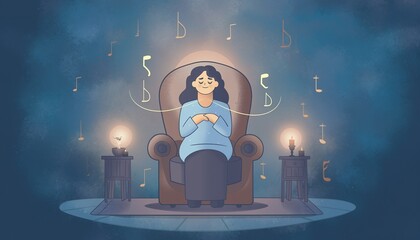 Relaxed Woman Sitting in Armchair Listening to Music Surrounded by Musical Notes in Cozy Room