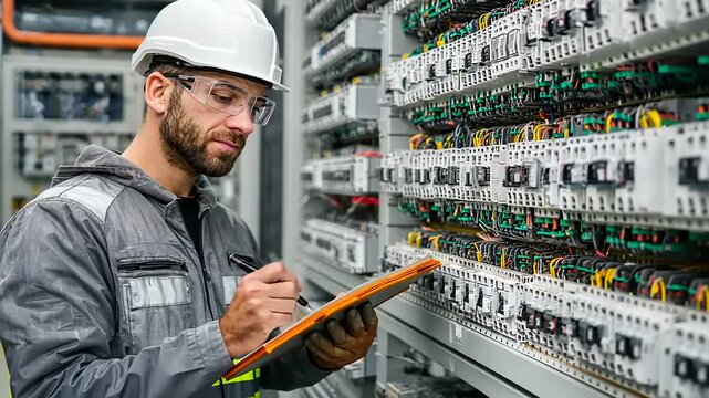 Technician inspecting electrical panels in a control room, documenting findings with a clipboard