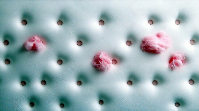 A close-up abstract shot of fluffy pink cotton candy scattered across a white tufted surface with dark buttons. - Powered by Adobe
