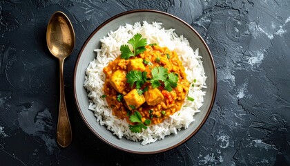 A close-up overhead view of a bowl of paneer curry and rice, garnished with cilantro, next to a spoon on a dark, textured surface.